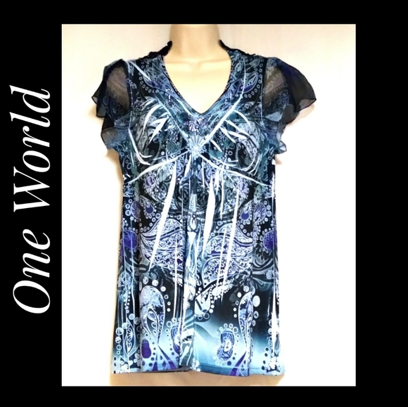 One World Sublimation Top Embellished Blue Medium